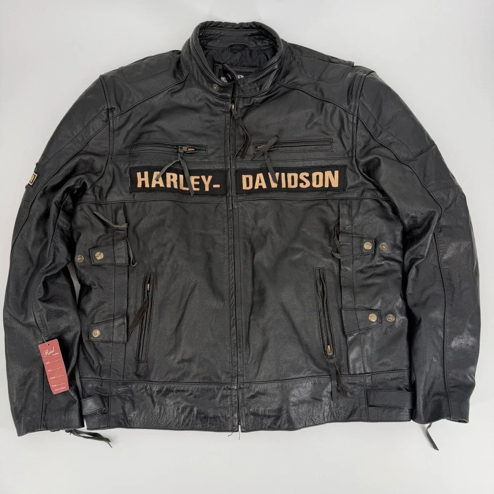 Harley Davidson Mens Black Leather Motorcycle Jacket Cafe Racer Distressed Patch